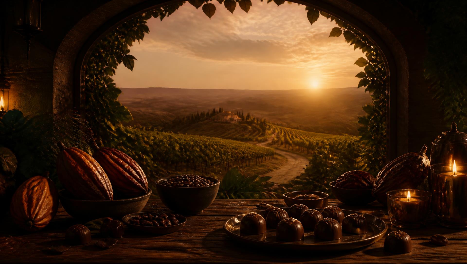 Cacao pods and chocolates on a table overlooking a golden vineyard