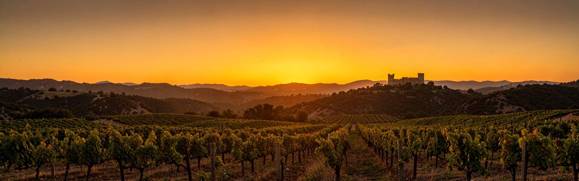 Golden sunset over hill country vineyards